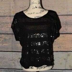Sequins Bling Dress Top Blouse Black XL Club Scoop Neck